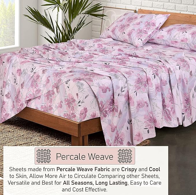 RUVANTI 100% Cotton Split King Sheets Sets for Adjustable Bed, 5 PCs, Soft & Breathable Percale Weave Bedding, Deep Pocket 16", Hotel Standard, Crisp Cool Feel & Durable, Floral Sheet, Lilac Floral
