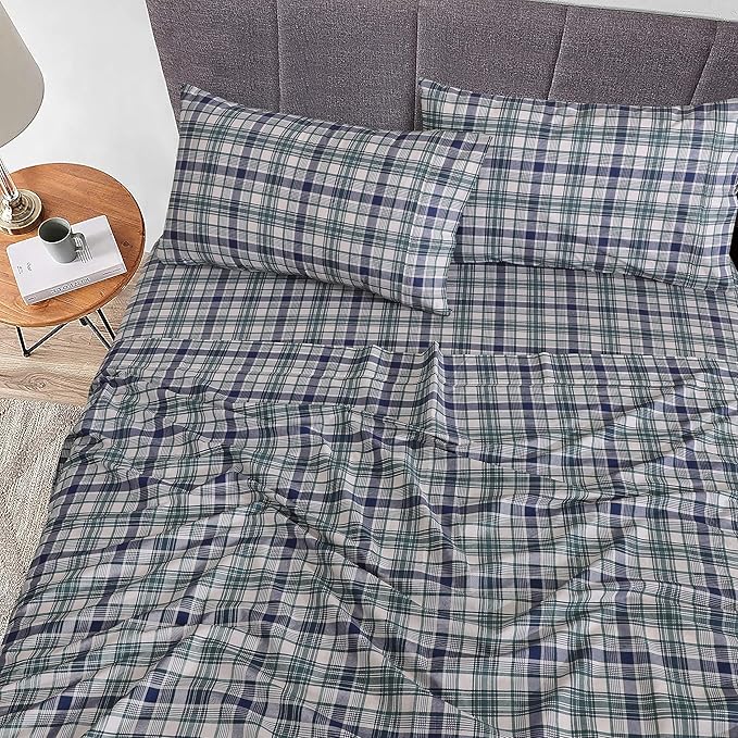 RUVANTI 100% Cotton King Size Sheets Set, 4 Pieces, Soft & Breathable Percale Weave Bedding, Deep Pocket 16", Hotel Standard, Crisp Cool Feel, Durable, Perfect Plaid Bed Sheet, Greenish Blue Plaid