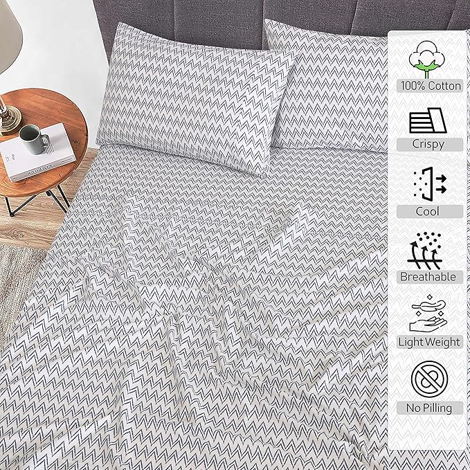RUVANTI 100% Cotton Sheets Queen Size Set, 4 Pieces, Soft & Breathable Percale Weave Bedding, Deep Pocket 16", Hotel Standard, Crisp Cool Feeling, Durable, Perfect Floral Bed Sheet, Chevron