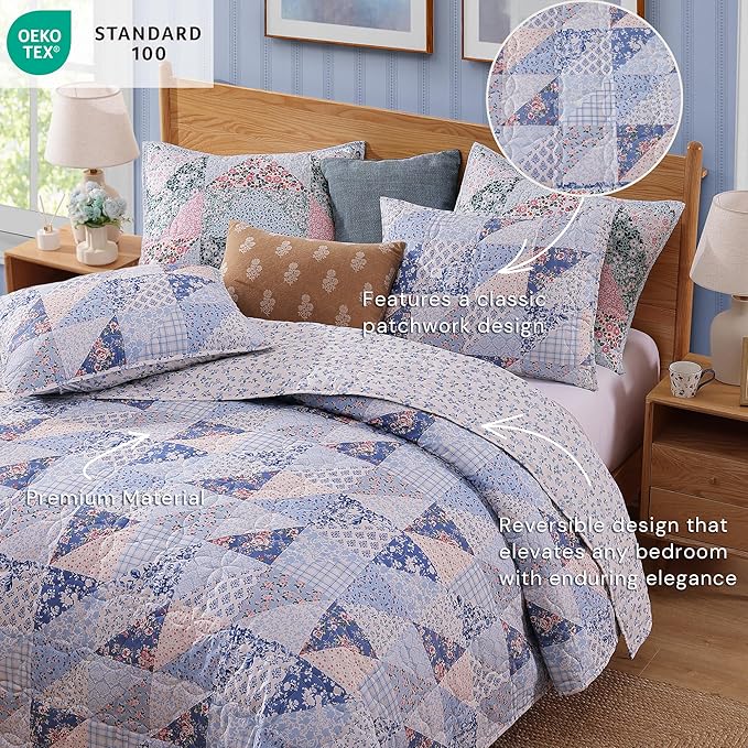 Quilt Set Queen Size, Patchwork Blue Pink Marigold Floral Quilt Sets, Reversible Bedspread Lightweight and Breathable for All Seasons, Soft Quilted Bedspread with 2 Pillow Shams