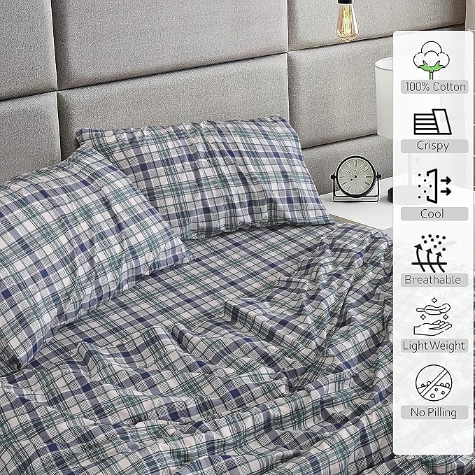 RUVANTI 100% Cotton Split King Sheets Sets for Adjustable Bed, 5 PCs, Soft & Breathable Percale Weave Bedding, Deep Pocket 16", Hotel Standard, Crisp Cool Feel & Durable Sheet, Greenish Blue Plaid