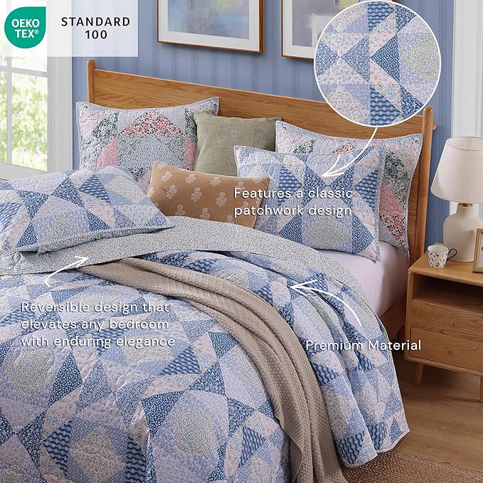 Quilt Set King Size, Patchwork Blue Marigold Floral Quilt Sets, Reversible Bedspread Lightweight and Breathable for All Seasons, Soft Quilted Bedspread with 2 Pillow Shams