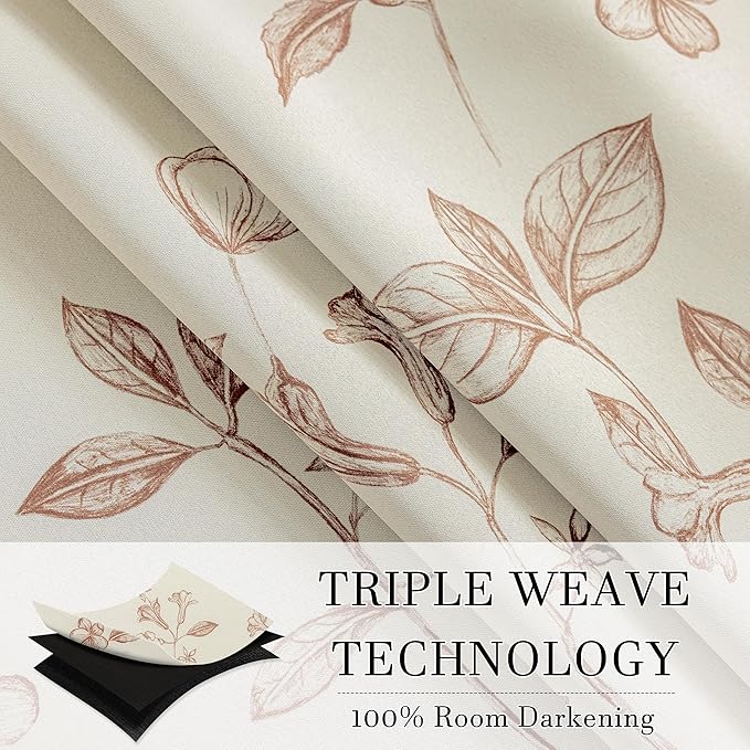 ChrisDowa Beige 100% Blackout Curtains 108 Inches Long 2 Panels for Bedroom Living Room Brown Flower Patterned Room Darkening Thermal Insulated Soundproof Grommet Window Treatments Drapes,52X108
