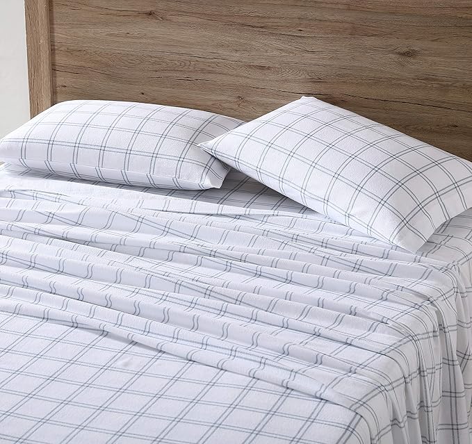 Eddie Bauer - Flannel Sheets Full Size, Anti-Pilling & Wrinkle Resistant Cotton, Touchably Soft for All-Season Comfort - Bed Sheets with Matching Pillowcases & Fitted Sheet (Westridge Plaid Blue)