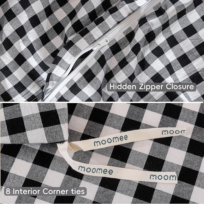 MooMee Gingham Duvet Cover Set 100% Washed Cotton Linen Like Textured Breathable Durable Soft Comfy Modern Checkered Design (Black White Gingham, Super King 108"x98")