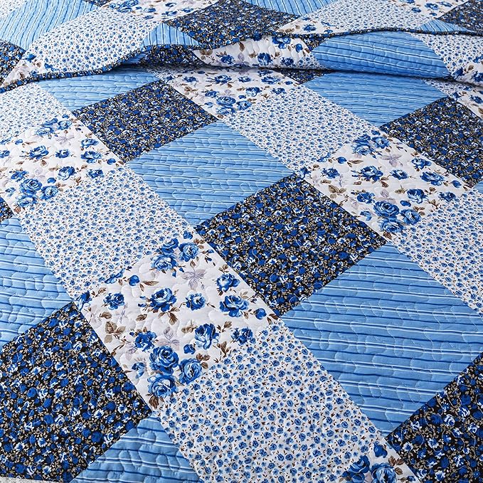 HoneiLife Quilt Sets Twin Size - 2 Piece Microfiber Quilts Reversible Bedspreads Patchwork Coverlets Floral Bedding Set All Season Quilts with Blue and White Porcelain Pattern