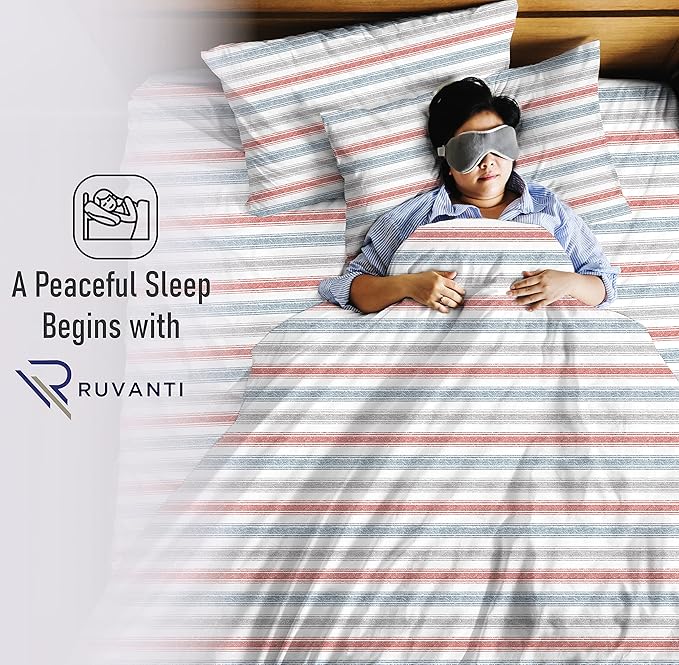 RUVANTI 100% Cotton Sheets Queen Size Set, 4 Pieces, Soft & Breathable Percale Weave Bedding, Deep Pocket 16", Hotel Standard, Crisp Cool Feeling, Durable, Perfect Striped Bed Sheet, Times