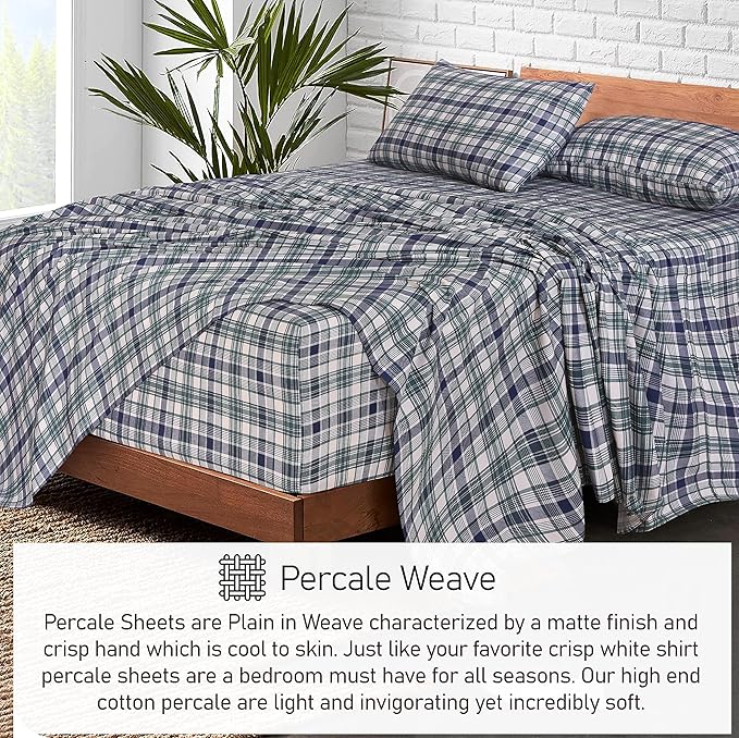 RUVANTI 100% Cotton California King Sheet Sets, 4 Pieces, Soft & Breathable Percale Weave Bedding, Deep Pocket 14", Hotel Standard, Crisp Cool Feel & Durable, Perfect Sheets, Greenish Blue Plaid