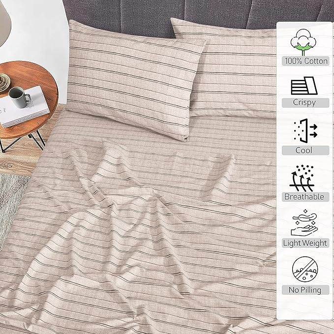 RUVANTI 100% Cotton Split King Sheets Sets for Adjustable Bed, 5 PCs, Soft & Breathable Percale Weave Bedding, Deep Pocket 16", Hotel Standard, Crisp Cool Feel & Durable, Striped Sheet, Brown Stripes