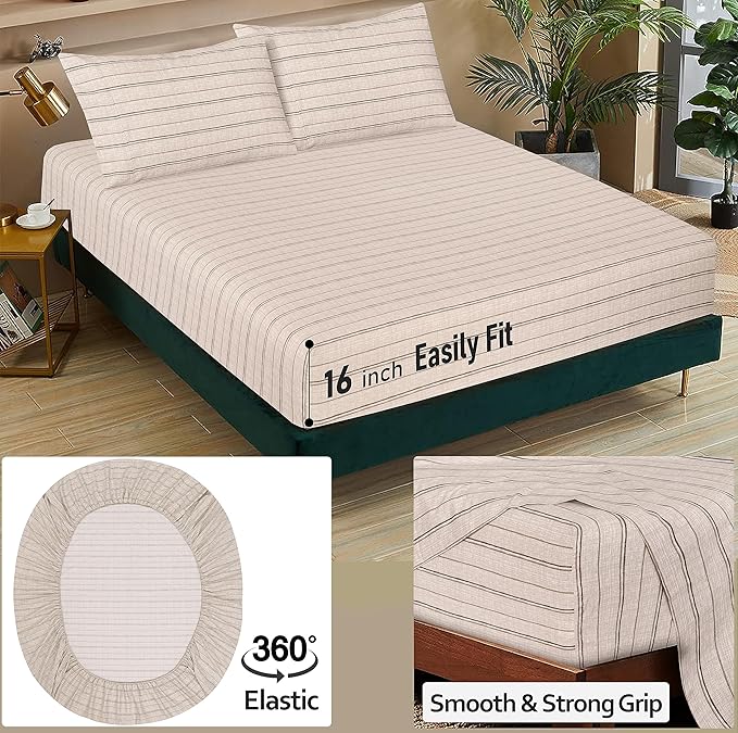 RUVANTI 100% Cotton Twin XL Sheet Sets, 3 Pieces, Soft & Breathable Percale Weave Bedding, Deep Pocket 16", Hotel Standard, Crisp Cool Feel, Durable, Perfect Size Striped Sheets, Brown Stripes